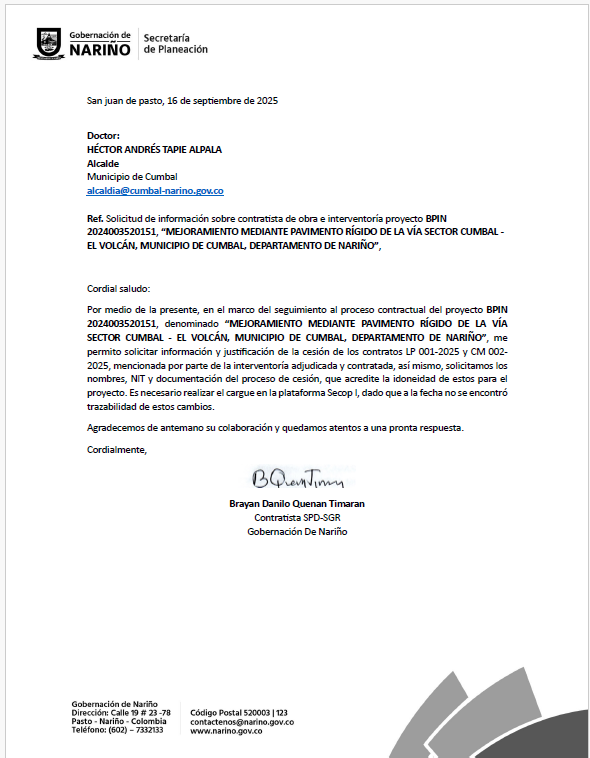 Mejoramiento mediante pavimento rígido de la vía sector Cumbal - el volcán, municipio de Cumbal, Departamento de Nariño